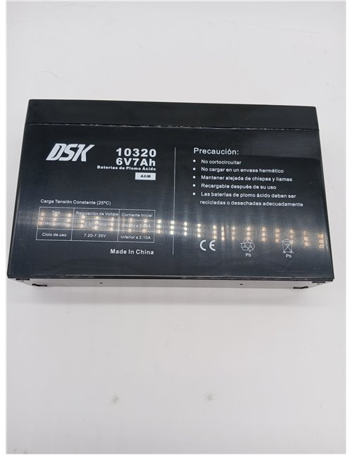 DSK 10320 - Batería de Plomo AGM Recargable Sellada de 6V y 7Ah. Ideal para Coche y motos eléctricos para niños, Patinetes, Sist