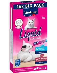 Vitakraft Liquid Snack, golosina para gatos, snack cremoso para gatos, con salchicha de hígado y biotina, con salmón y omega 3, 