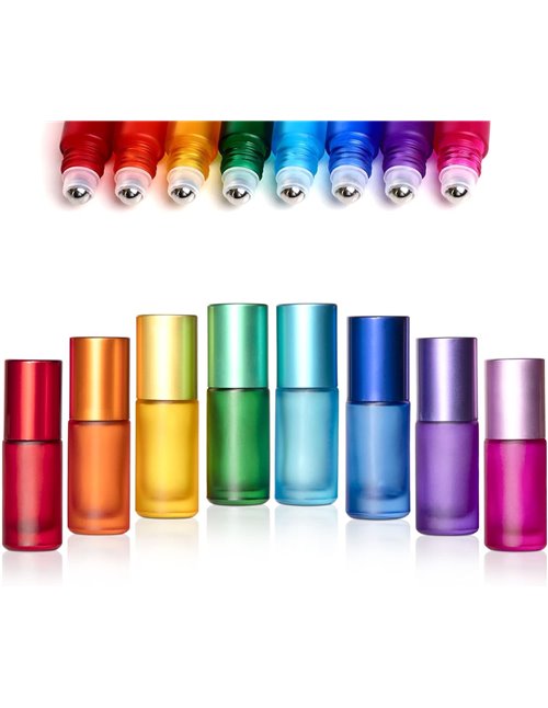 Roll On Aceites Esenciales 5ml,8 Pcs Botella de rollon Esmerilada de Color,Rollon 5 ml Cristal para Aceites Esenciales, Aromater