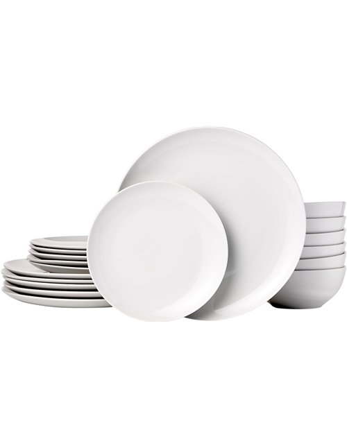 Amazon Basics Vajilla, 6 servicios, Paquete de 18, Porcelana blanca lisa
