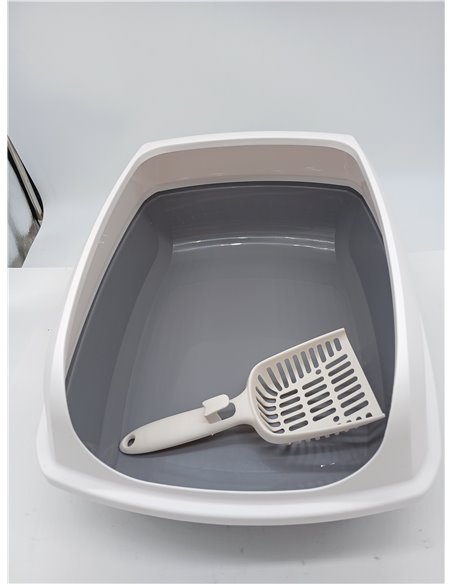 Amazon Basics Arenero para Gatos, Alto y Abierto, Fácil de Limpiar, Incluye Recogedor, Blanco/Gris, 50,5 x 38 x 20 cm