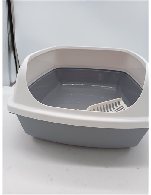 Amazon Basics Arenero para Gatos, Alto y Abierto, Fácil de Limpiar, Incluye Recogedor, Blanco/Gris, 50,5 x 38 x 20 cm