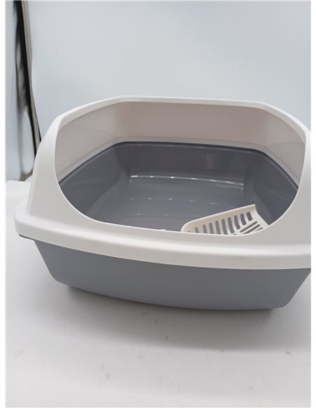 Amazon Basics Arenero para Gatos, Alto y Abierto, Fácil de Limpiar, Incluye Recogedor, Blanco/Gris, 50,5 x 38 x 20 cm
