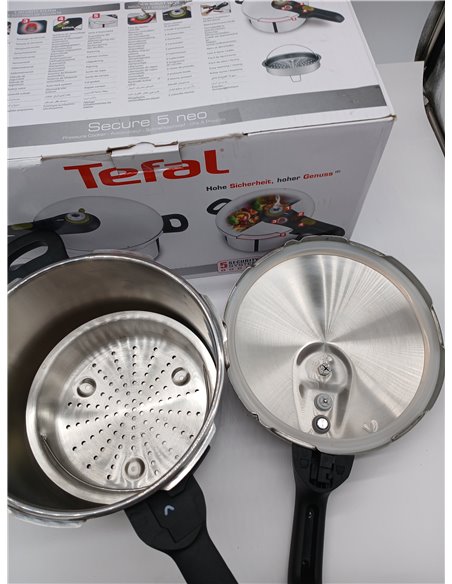 Tefal Secure 5 Neo - Olla a presión de 6L + Cestillo, Ahorro energético hasta 50%, cocción a presión, 2 programas, sistema segur