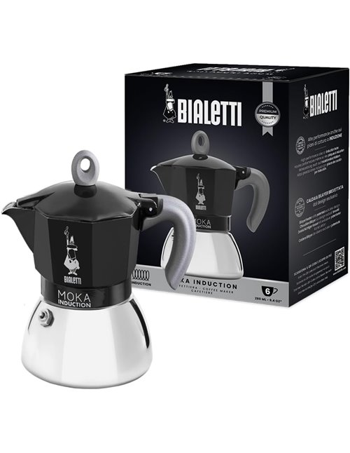 Bialetti - Cafetera Moka de Inducción, Adecuada para todo tipo de Placas, 6 Tazas de Café Espresso (280 Ml), Negro [Clase de efi