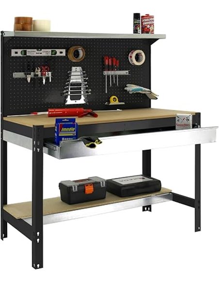 Simon Rack Banco de Trabajo Taller, Capacidad Carga 600 kg, 1445x1210x610 mm, Mesa de Trabajo, 1 Cajón, Antracita/Madera - BT3