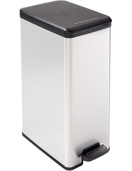 Curver - Cubo de Basura Slim con Pedal 40 L, 42 x 25 x 61 cm, Acabado Color Acero, Tapa con Cierre amortiguado y aro para Bolsa