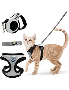 Arnes para Gatos Antiescape(Gris), Correa Gato con Correa 5M(Blanco), Arnés Cat Ajustable con Tela de Malla Suave y Transpirable
