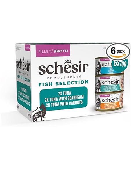 Schesir, Variety Pack, Alimento Húmedo para Gatos, en Caldo, con Vitaminas Añadidas, 100% Filetes Naturales, 6 latas de 70 g