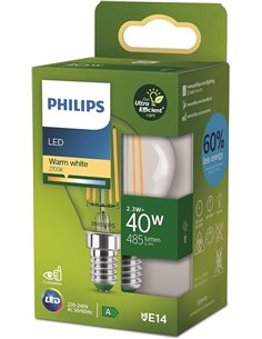 Philips - Bombilla LED tipo vela esférica Philips Ultra Eficiente, Casquillo E14 2.3W - 485 Lúmens, Luz Blanca Cálida (2700k)