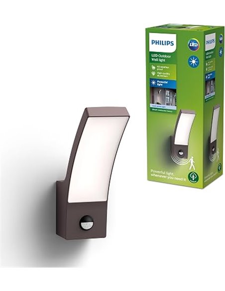 Philips Splay Aplique de Pared Exterior LED, 12 W, 1600 lm, Luz Blanca Fría de 4000 K, Resistente a Intemperie IP44, Sensor de M