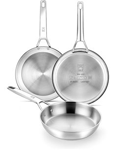 BRA Signature | Set 3 Sartenes 20-24-26, Acero Inox 18/10 Profesional Sin Antiadherente, Triple Fondo Difusor Apto Todo Tipo De 