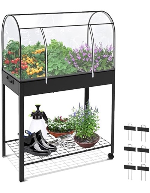 VOUNOT® Huerto Urbano Terraza Mesa de Cultivo Cubierta de Protección, Jardinera Elevada con Ruedas Asa Lateral y Estante Inferio