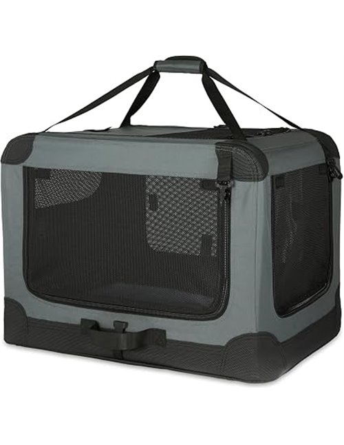 Amazon Basics Transportín portátil plegable de 4 puertas para perros y gatos, Gris, M 76 cm x 54 cm x 54 cm