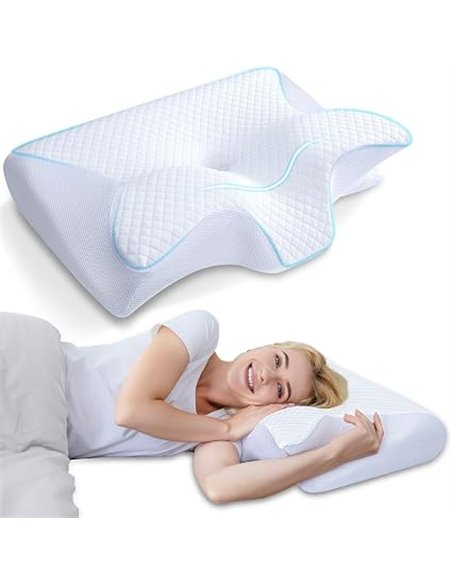 HOMCA 2-in-1 Memory Foam Neck Pillow, White, 60 x 40 x 12/14 cm | Ergonomic Pillow, Head/Neck/Shoulder Support, Relaxation and S