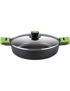 BRA Prior | Cacerola baja con tapa de cristal y asas de silicona, apta para todo tipo de cocinas incluida inducción y horno, 28 