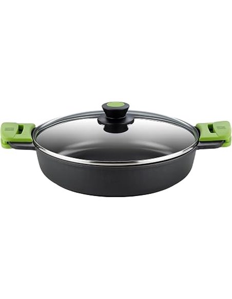 BRA Prior | Cacerola baja con tapa de cristal y asas de silicona, apta para todo tipo de cocinas incluida inducción y horno, 28 