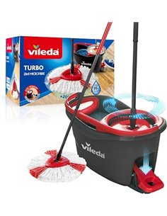 Vileda Turbo Mop Set with Bucket and Pedal, Telescopic Pole 85-123 cm, Rotating Draining, 2 in 1 Microfibre Refill, Grey and Red