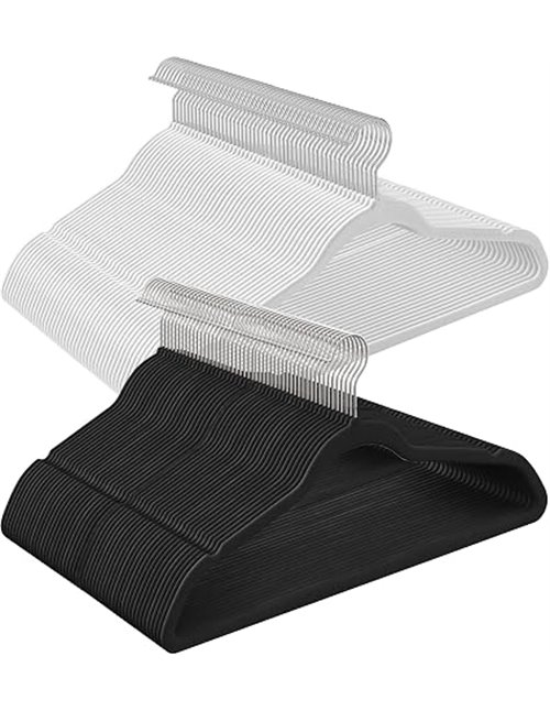 SONGMICS Percha de Terciopelo, Juego de 100, Antideslizantes, con Barra Corbata y Gancho Negro, 0,6 cm Espesor, Ahorra Espacio, 
