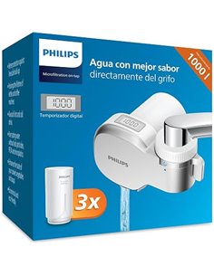 Philips Filtro de agua Ontap MICROFILTRACIÓN con PANTALLA DIGITAL y 3 cartuchos de repuesto, filtra sedimentos, cloro y otras su