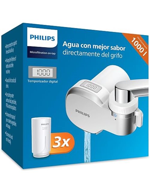 Philips Filtro de agua Ontap MICROFILTRACIÓN con PANTALLA DIGITAL y 3 cartuchos de repuesto, filtra sedimentos, cloro y otras su