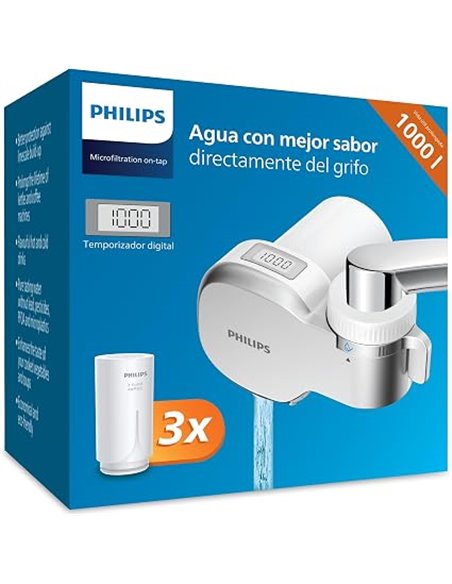 Philips Filtro de agua Ontap MICROFILTRACIÓN con PANTALLA DIGITAL y 3 cartuchos de repuesto, filtra sedimentos, cloro y otras su