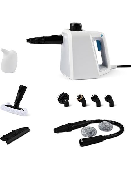 Amazon Basics Limpiador a Vapor Portátil para el Hogar con 9 Accesorios, Potente Chorro de Vapor de 1000W, Depósito de 250ml, Bl
