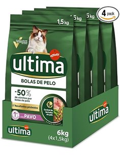 Ultima Bolas de pelo Pavo, Comida seca para gatos, Pack de 4 x 1,5kg, Total 6kg