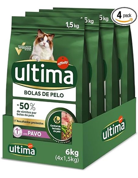 Ultima Bolas de pelo Pavo, Comida seca para gatos, Pack de 4 x 1,5kg, Total 6kg