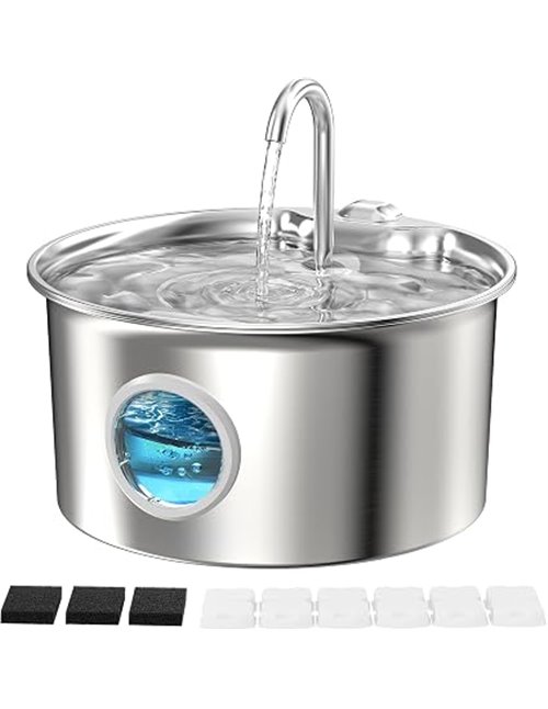Fuente de Agua para Gatos Acero Inoxidable: Bebedero Gato Automatico Inox - 2.6L Fuente Gatos Agua Metalico con Ventana de Nivel