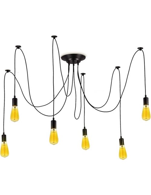 BarcelonaLED Lámpara de Araña Colgante Negro de Suspensión Estilo Vintage Retro con Cable PVC y 6 brazos Portalámparas E27 LED p
