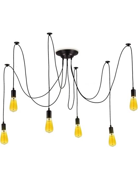 BarcelonaLED Lámpara de Araña Colgante Negro de Suspensión Estilo Vintage Retro con Cable PVC y 6 brazos Portalámparas E27 LED p