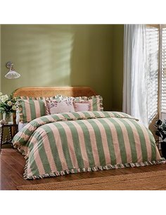 Wylder Birdie Stripe Juego De Funda Nórdica – Reversible con Volantes Algodón Rico A Rayas Ropa De Cama (Rosa/Verde - 137x200cm)