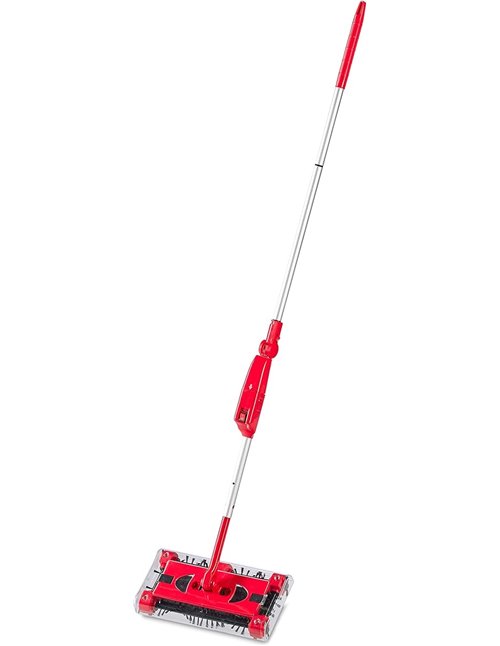 relaxdays Cordless Electric Broom, Rechargeable Battery Sweeping Brush, Adjustable Stick 126 cm, Red/Silver