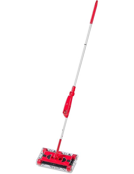 relaxdays Cordless Electric Broom, Rechargeable Battery Sweeping Brush, Adjustable Stick 126 cm, Red/Silver