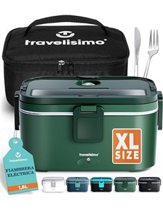 TRAVELISIMO - Fiambrera Electrica Extra Grande 1,8L - Taper Electrico para Comida 100W - Fiambrera Termica 3 en 1 12V/24V/220V -