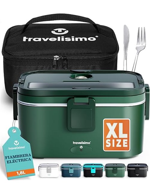 TRAVELISIMO - Fiambrera Electrica Extra Grande 1,8L - Taper Electrico para Comida 100W - Fiambrera Termica 3 en 1 12V/24V/220V -