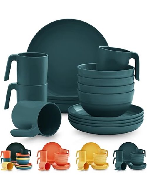 Kyraton Plastic Vajilla Set de 16 piezas, irrompible y reutilizable Platos ligeros Tazas Tazas Cuencos Platos Fácil de llevar y 