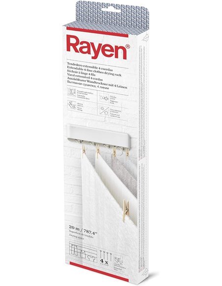 Rayen | Plastic Clothesline, Extendable | 4 Independent Ropes | Automatic Collection of Ropes | 38.5 x 11.5 x 3.5 cm | Laying Su