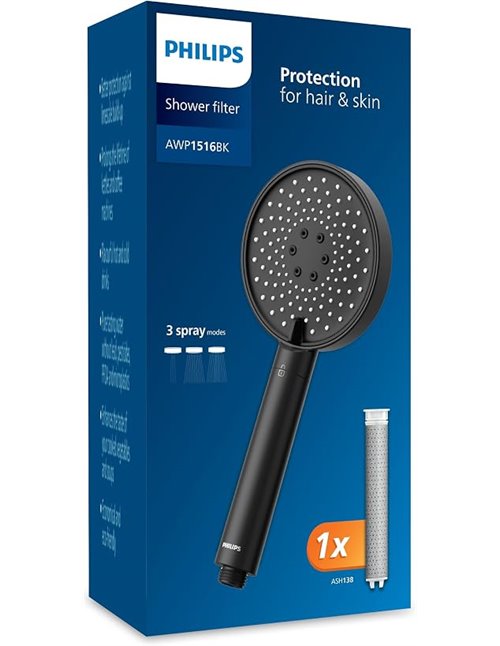 Philips Water Shower Filter - Protects Skin and Hair, Removes Chlorine and Large Particles, 3 Spray Modes, 1 Month Filtering Cap