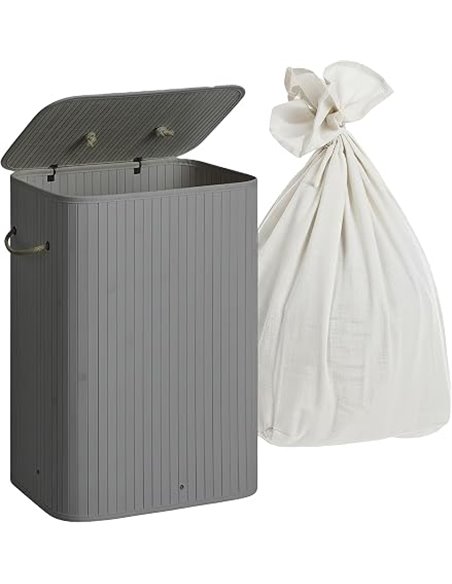 Relaxdays cesto de Ropa Plegable con Tapa de bambú, Capacidad 80 l, 60x40x30 cm, Gris