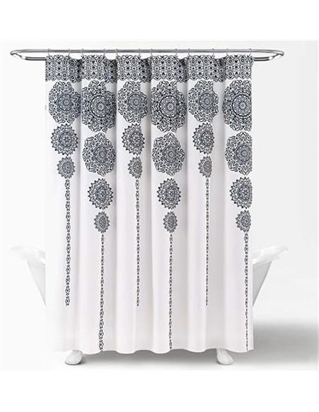 Lush Decor Cortina de Ducha con diseño de Mandala Bohemio y Damasco a Rayas, 182 x 182 cm, Azul Marino
