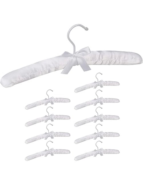 Relaxdays Pack de 10 Perchas Forradas de Raso con Lazo Decorativo, Giratorias, Madera-Tela-Metal, 38 cm de Ancho, Blanco