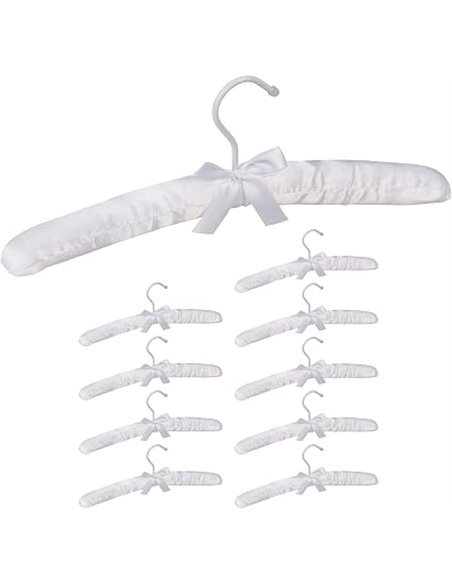 Relaxdays Pack de 10 Perchas Forradas de Raso con Lazo Decorativo, Giratorias, Madera-Tela-Metal, 38 cm de Ancho, Blanco