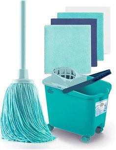 Blue Dolphin - Fregona con Palo Plegable y Cubo con Ruedas más 4 bayetas de Microfibra reciclada Set de Limpieza sostenible del 