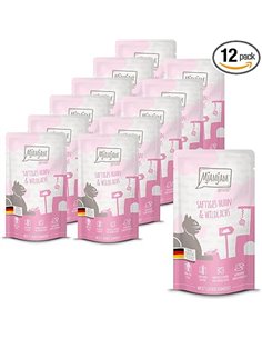 MjAMjAM - comida húmeda premium para gatos - Pollo jugoso y salmón salvaje, pack de 12 (12 x 125 g), sin cereales con extra de c