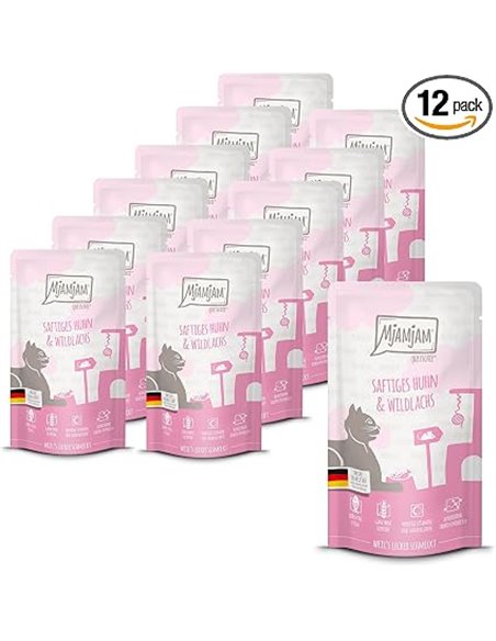 MjAMjAM - comida húmeda premium para gatos - Pollo jugoso y salmón salvaje, pack de 12 (12 x 125 g), sin cereales con extra de c