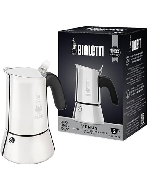 Bialetti Cafetera Venus, Mango Anti-escaldaduras, No Apta para Inducción, 2 Tazas (85ml), Acero Inoxidable
