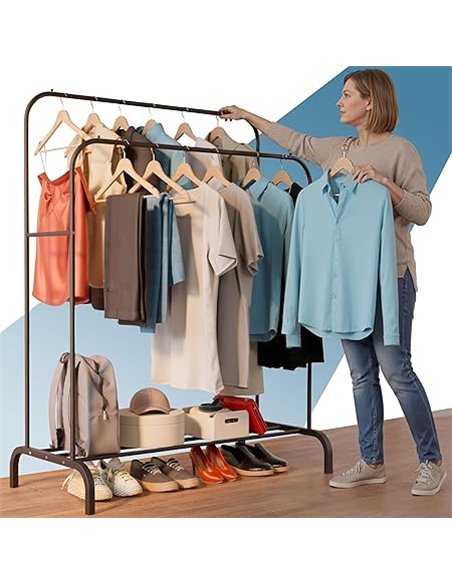PORTENTUM Perchero burro ropa resistente de acero – hasta 35 kg – Organizador con doble barra y zapatero – Percheros de pie con 