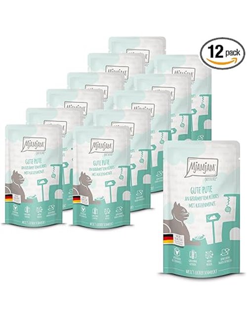 MjAMjAM - comida húmeda premium para gatos - Quetschie - buen pavo con calabaza al vapor, pack de 12 (12 x 125 g), sin cereales 